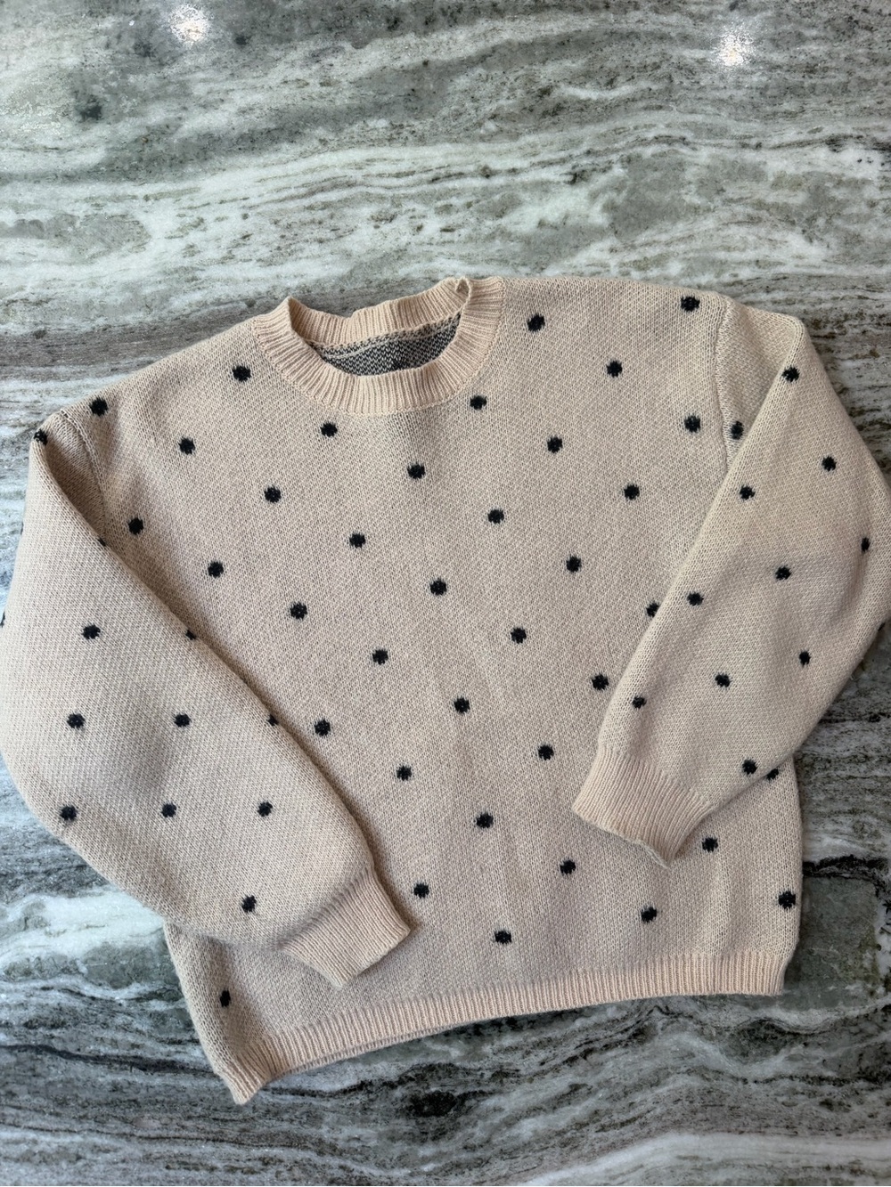 Beige Polka Dot Knit Sweater - Black Dot Detail
Size Large